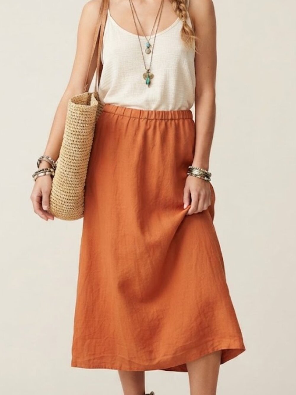Petal & Pup Rust Orange Linen/Viscose Lined Midi Skirt Bohemian Natural Fiber M